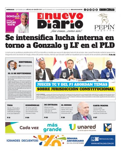 Portada Periódico El Nuevo Diario, Miércoles 11 de Septiembre, 2019