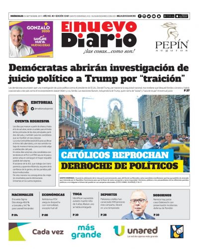 Portada Periódico El Nuevo Diario, Miércoles 25 de Septiembre, 2019