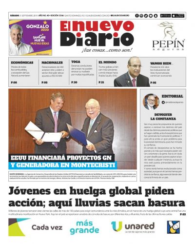 Portada Periódico El Nuevo Diario, Sábado 21 de Septiembre, 2019