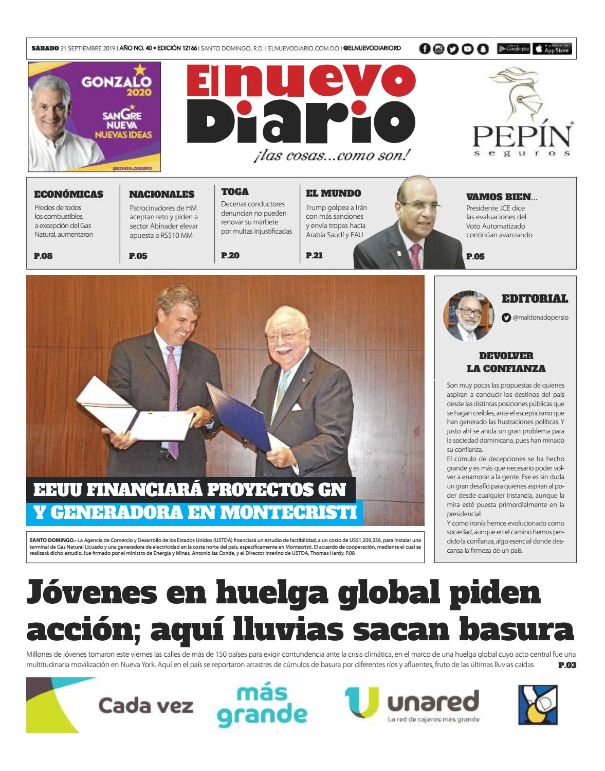 Portada Periódico El Nuevo Diario, Sábado 21 de Septiembre, 2019