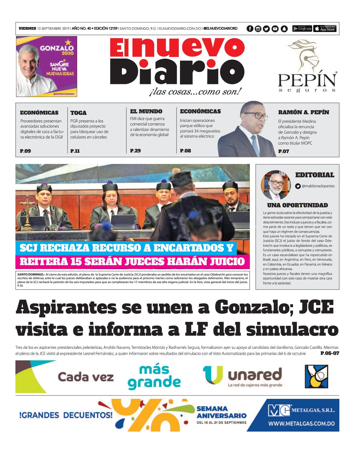 Portada Periódico El Nuevo Diario, Viernes 13 de Septiembre, 2019