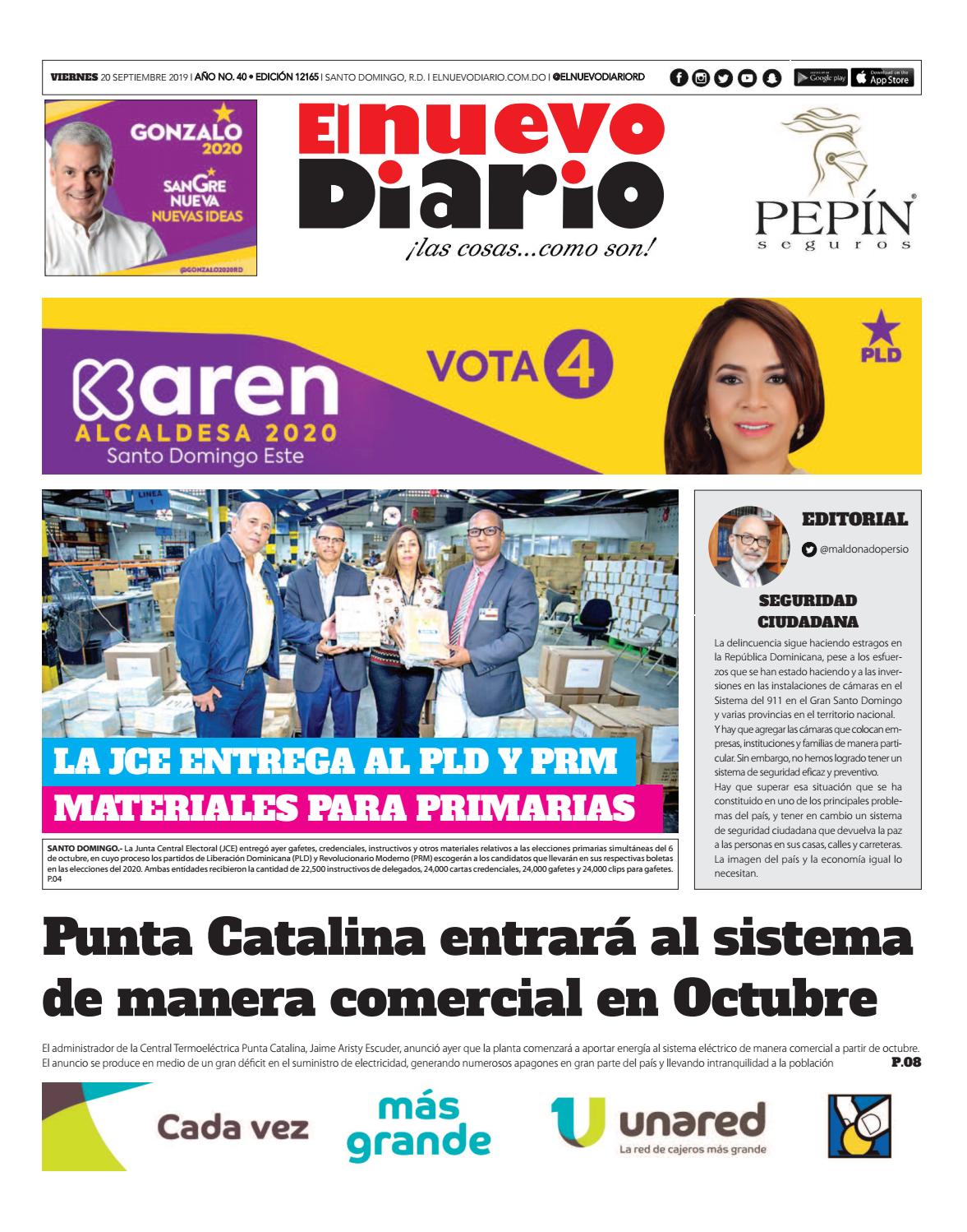Portada Periódico El Nuevo Diario, Viernes 20 de Septiembre, 2019