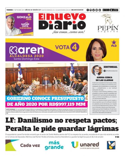 Portada Periódico El Nuevo Diario, Viernes 27 de Septiembre, 2019