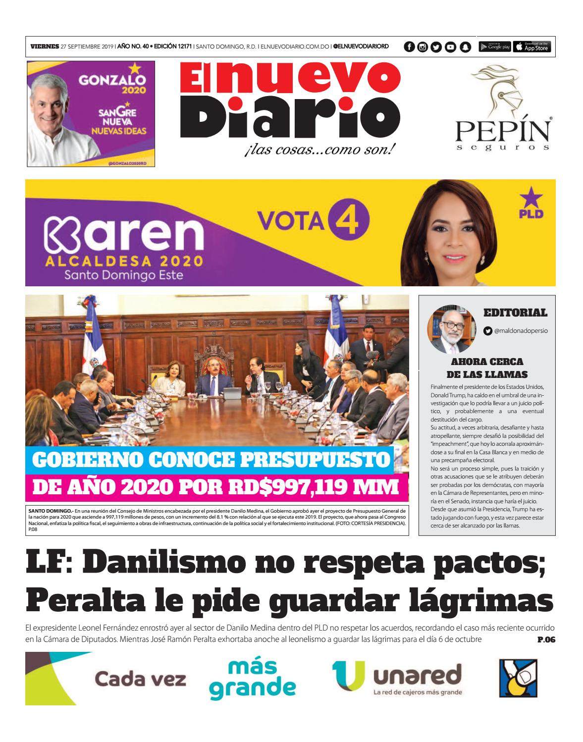 Portada Periódico El Nuevo Diario, Viernes 27 de Septiembre, 2019