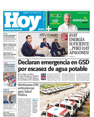 Portada Periódico Hoy, Jueves 19 de Septiembre, 2019