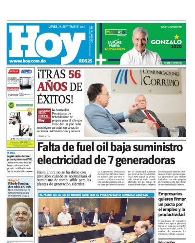 Portada Periódico Hoy, Jueves 26 de Septiembre, 2019