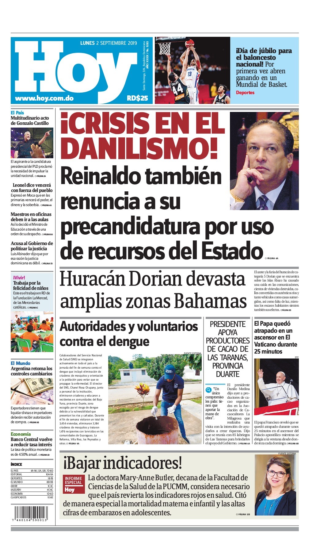 Portada Periódico Hoy, Lunes 02 de Septiembre, 2019