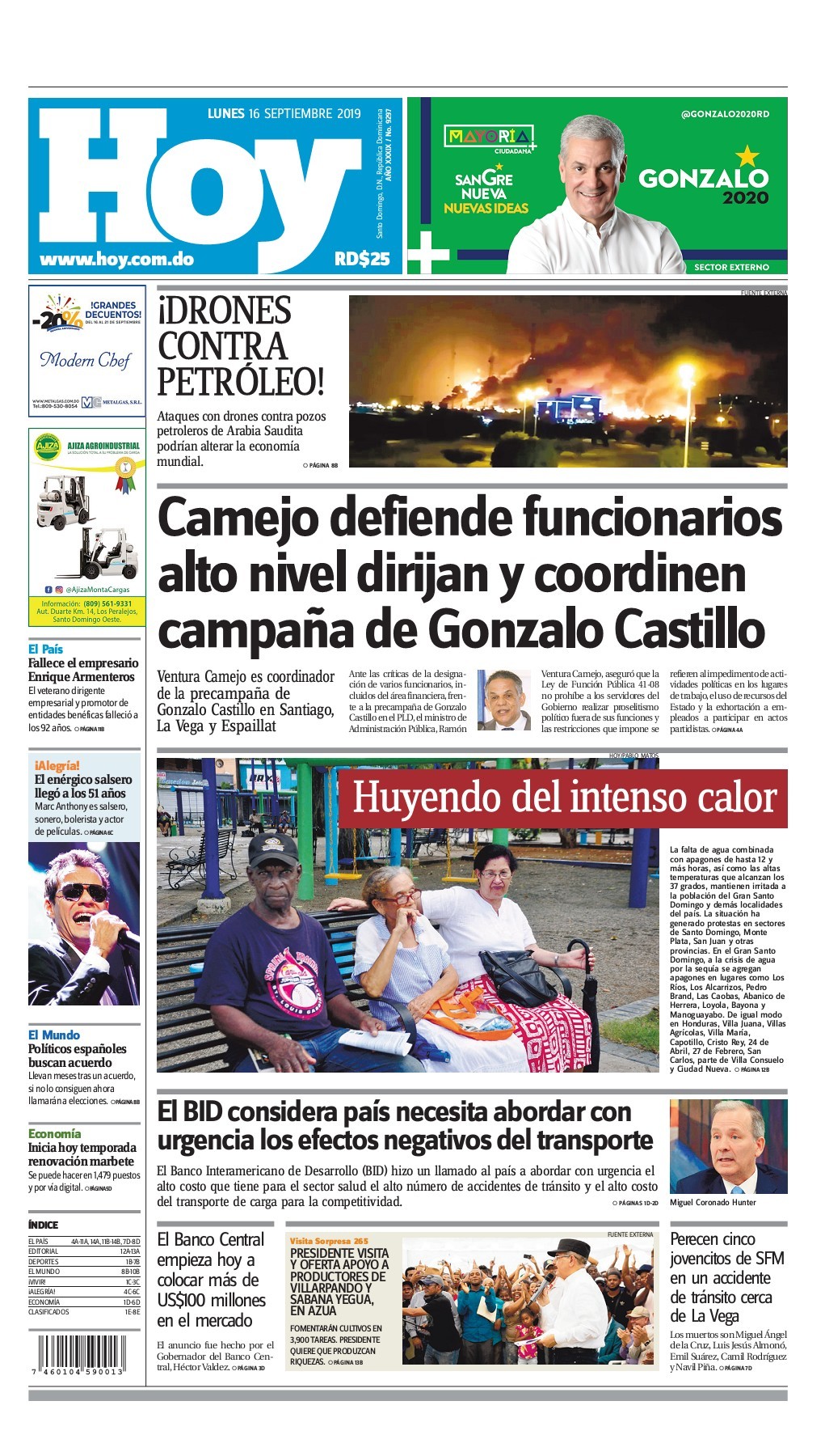 Portada Periódico Hoy, Lunes 16 de Septiembre, 2019