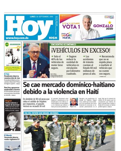 Portada Periódico Hoy, Lunes 30 de Septiembre, 2019