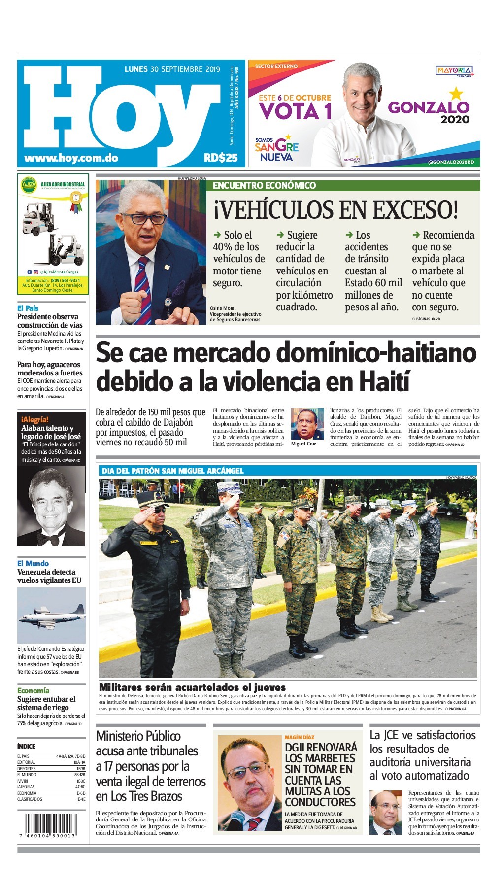 Portada Periódico Hoy, Lunes 30 de Septiembre, 2019