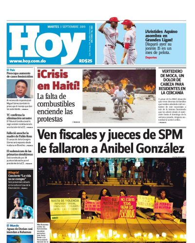 Portada Periódico Hoy, Martes 03 de Septiembre, 2019