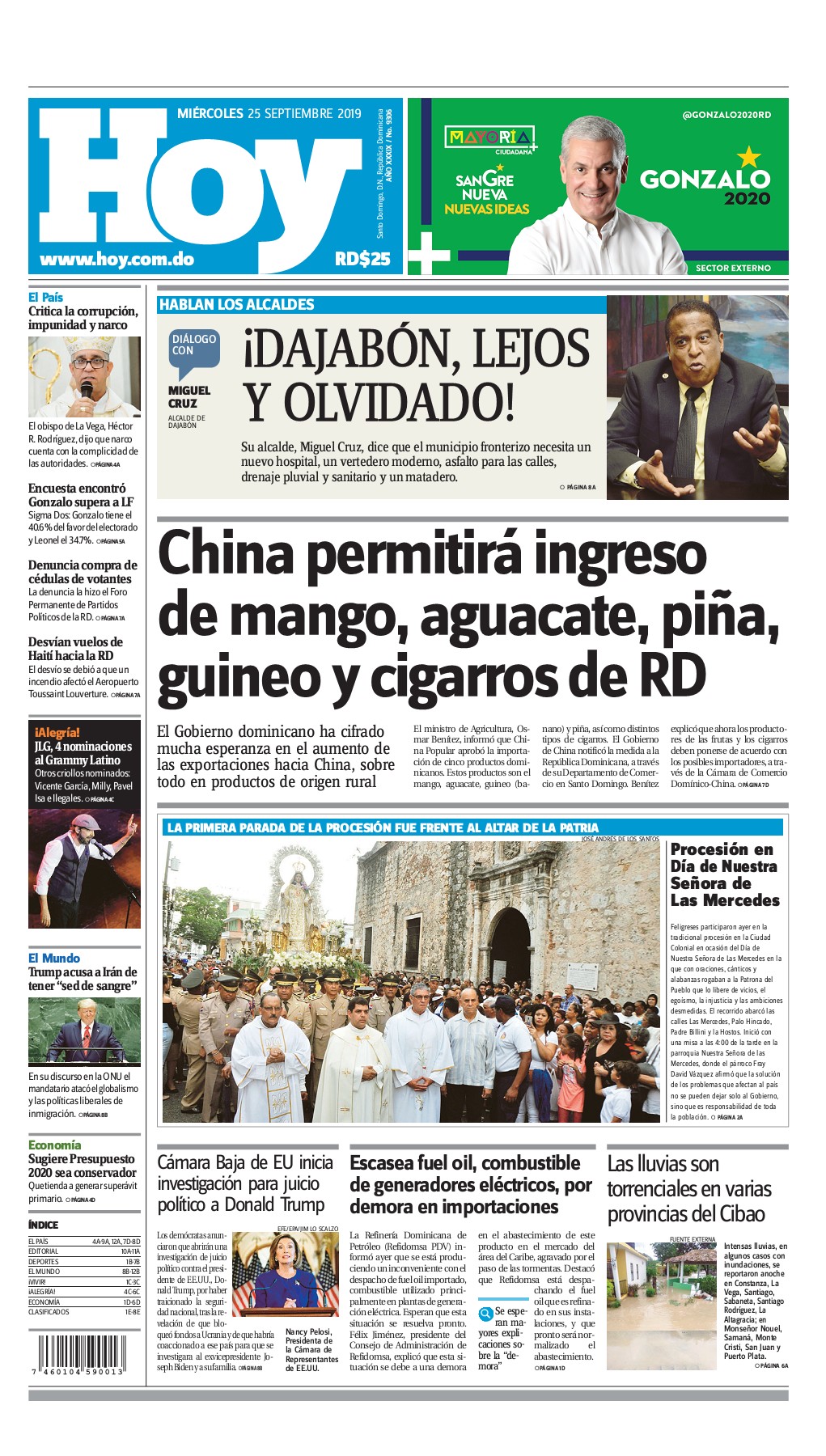 Portada Periódico Hoy, Miércoles 25 de Septiembre, 2019