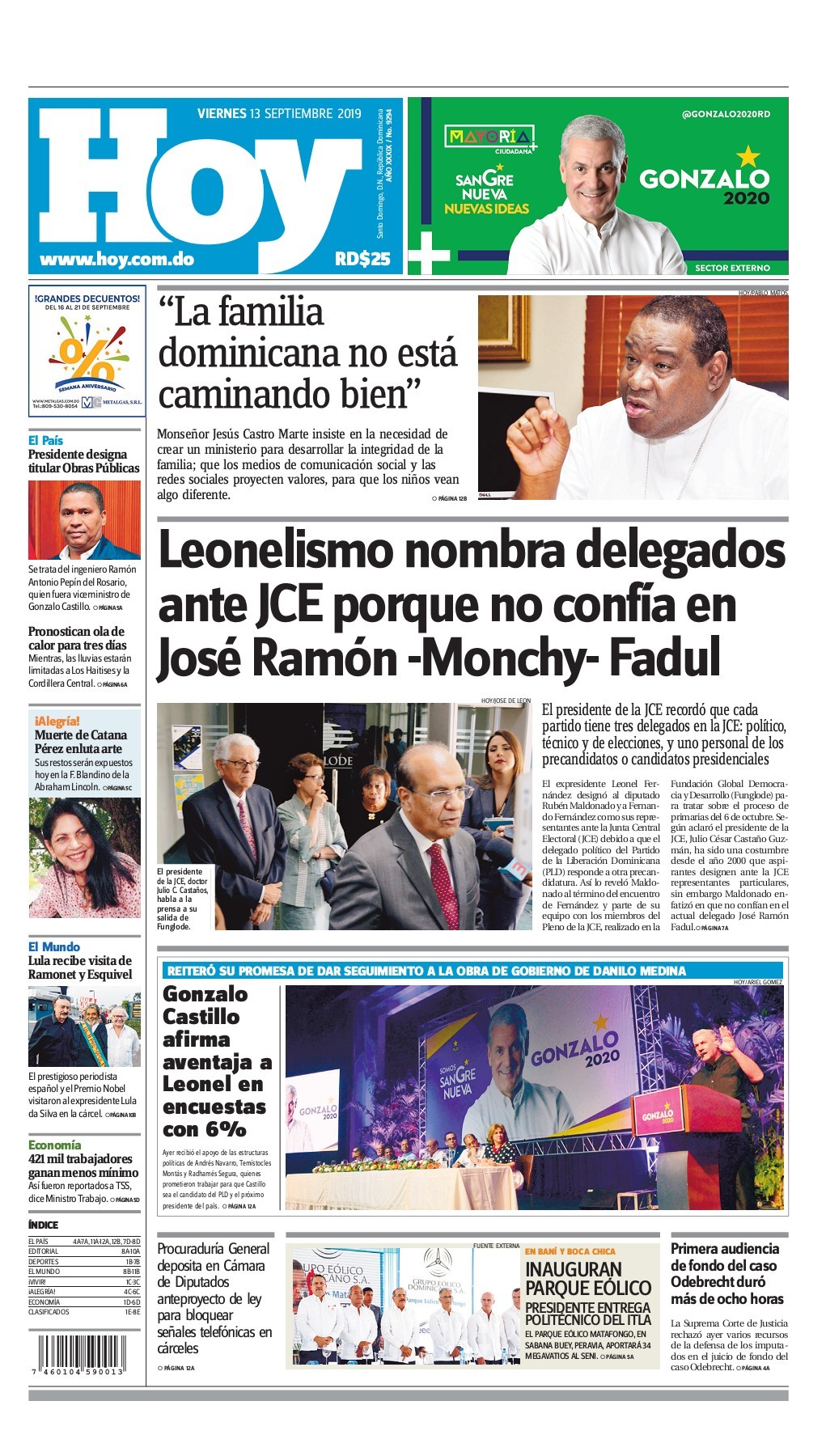 Portada Periódico Hoy, Viernes 13 de Septiembre, 2019