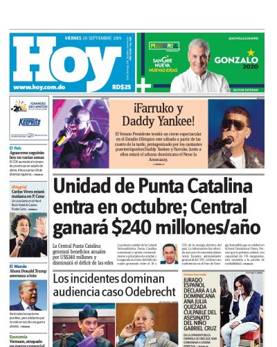Portada Periódico Hoy, Viernes 20 de Septiembre, 2019