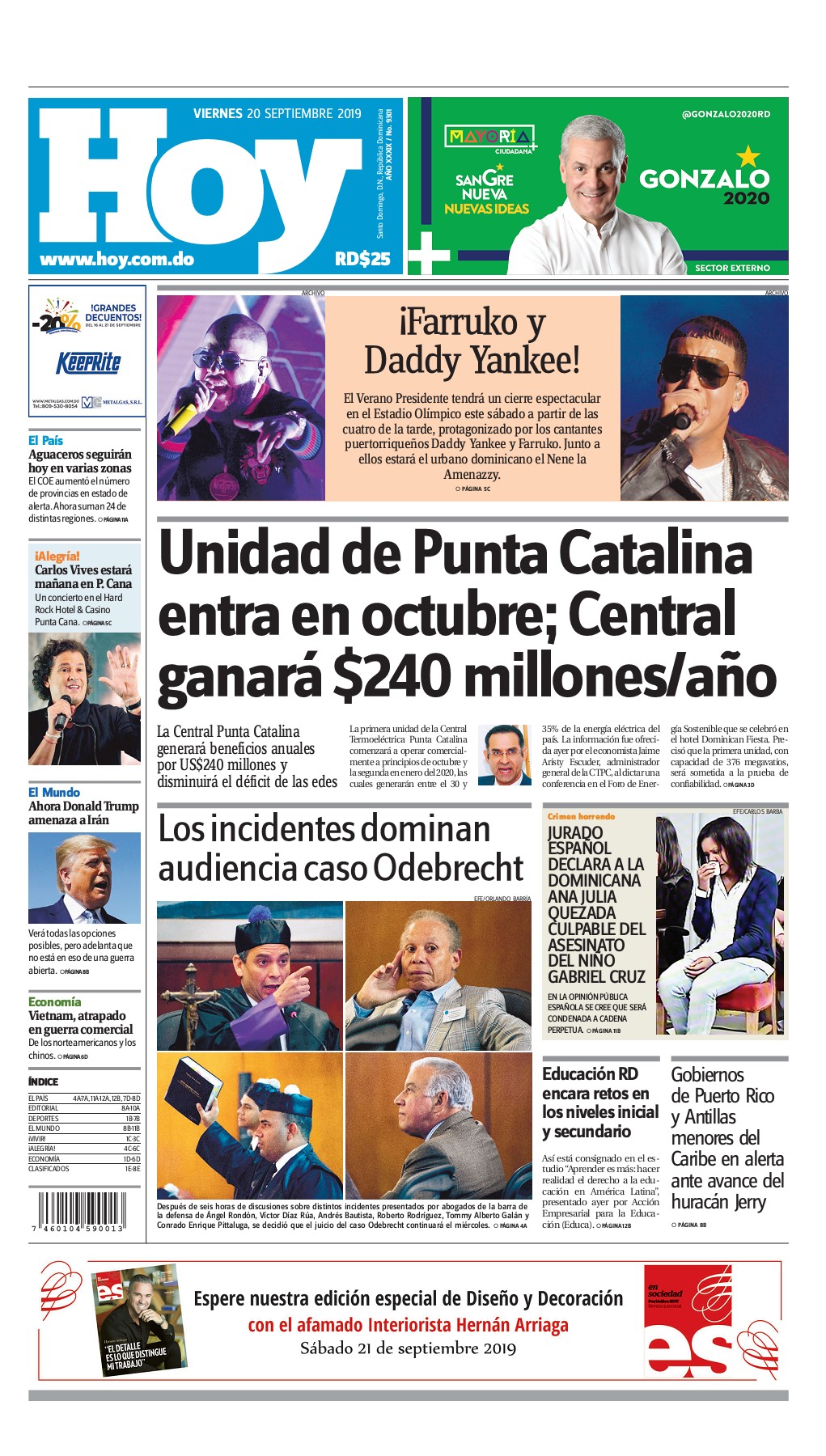 Portada Periódico Hoy, Viernes 20 de Septiembre, 2019