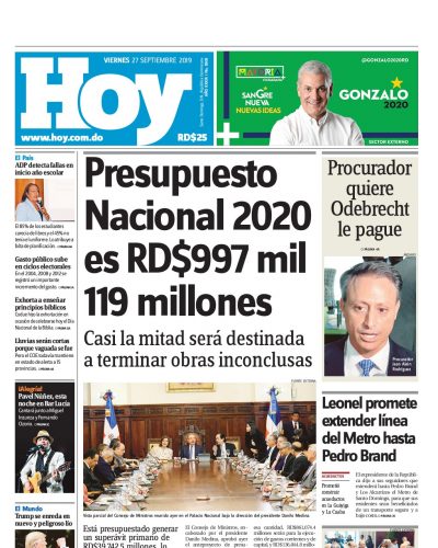 Portada Periódico Hoy, Viernes 27 de Septiembre, 2019