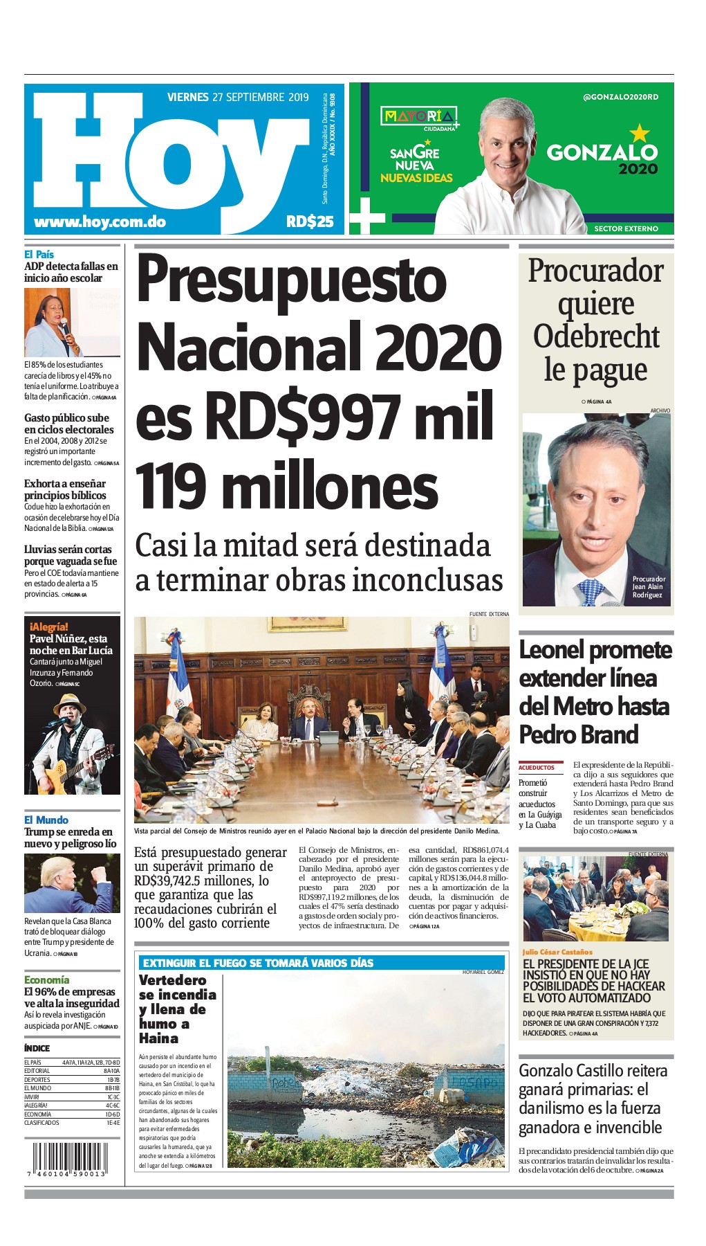 Portada Periódico Hoy, Viernes 27 de Septiembre, 2019