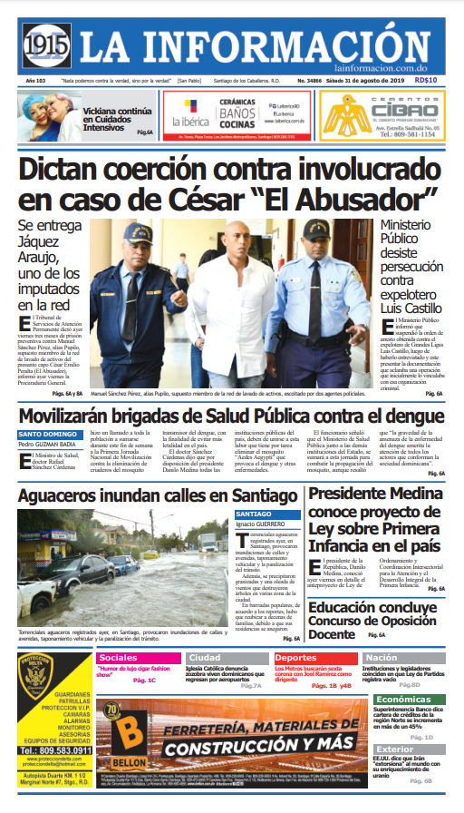 Portada Periódico La Información, Domingo 01 de Septiembre, 2019