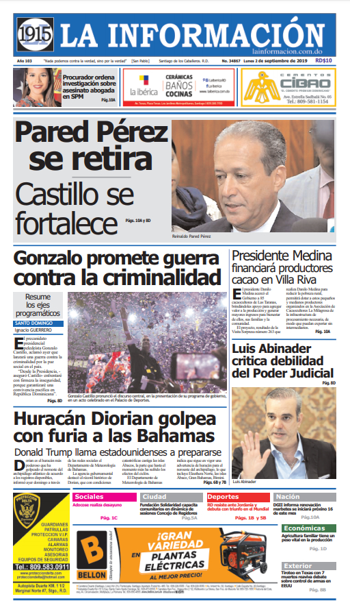 Portada Periódico La Información, Lunes 02 de Septiembre, 2019