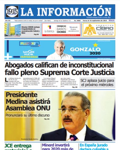 Portada Periódico La Información, Viernes 20 de Septiembre, 2019