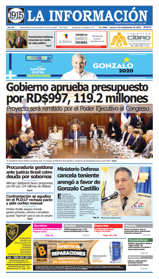 Portada Periódico La Información, Viernes 27 de Septiembre, 2019