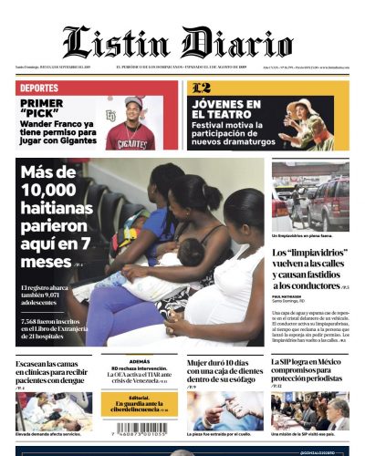 Portada Periódico Listín Diario, Jueves 12 de Septiembre, 2019