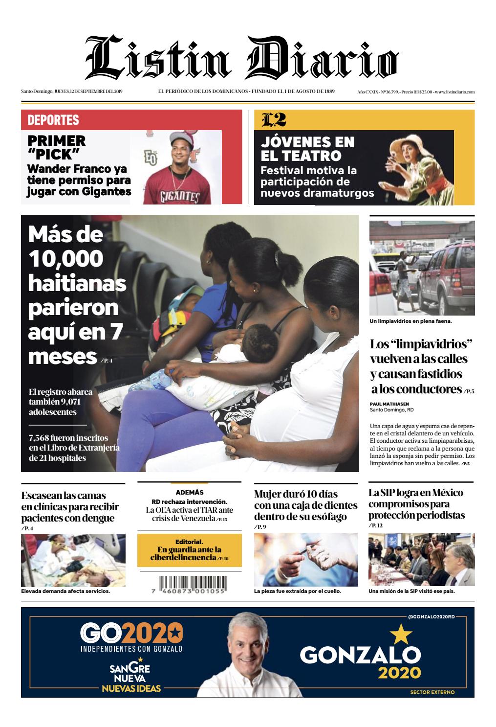Portada Periódico Listín Diario, Jueves 12 de Septiembre, 2019