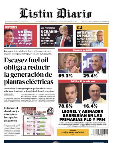 Portada Periódico Listín Diario, Jueves 26 de Septiembre, 2019