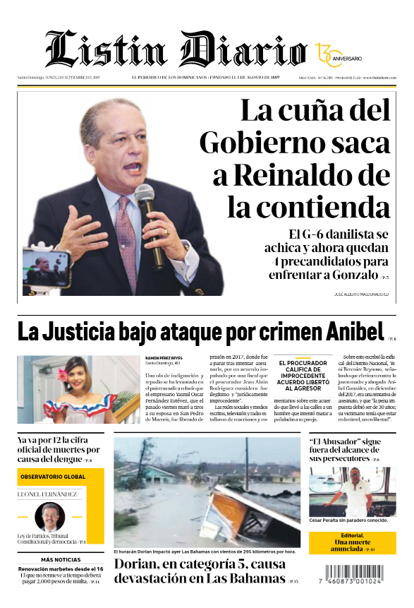 Portada Periódico Listín Diario, Lunes 02 de Septiembre, 2019