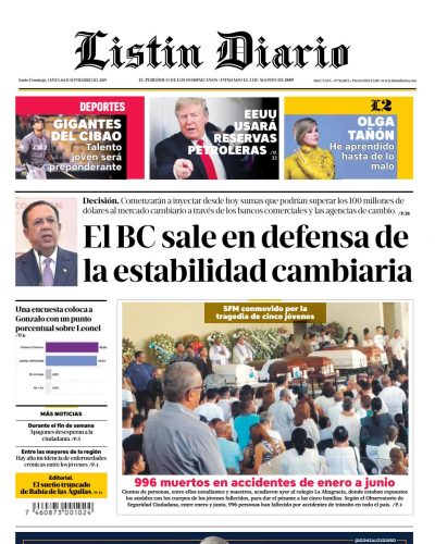 Portada Periódico Listín Diario, Lunes 16 de Septiembre, 2019