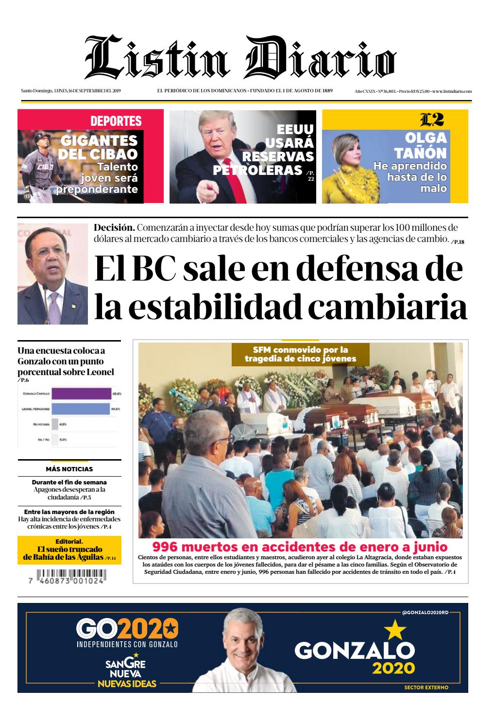Portada Periódico Listín Diario, Lunes 16 de Septiembre, 2019