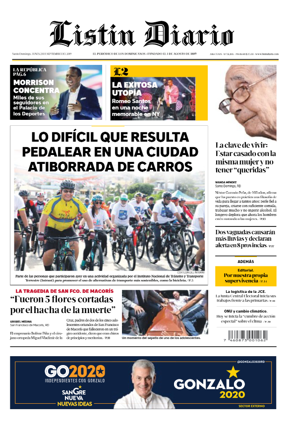 Portada Periódico Listín Diario, Lunes 23 de Septiembre, 2019