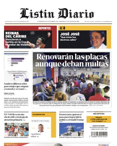 Portada Periódico Listín Diario, Lunes 30 de Septiembre, 2019
