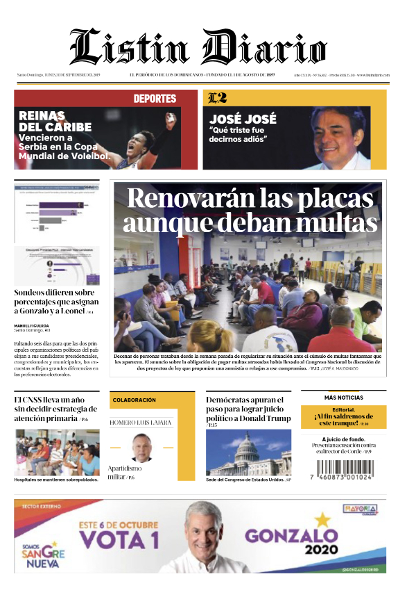 Portada Periódico Listín Diario, Lunes 30 de Septiembre, 2019