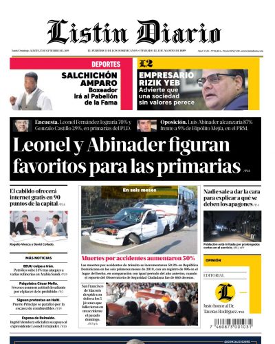 Portada Periódico Listín Diario, Martes 17 de Septiembre, 2019