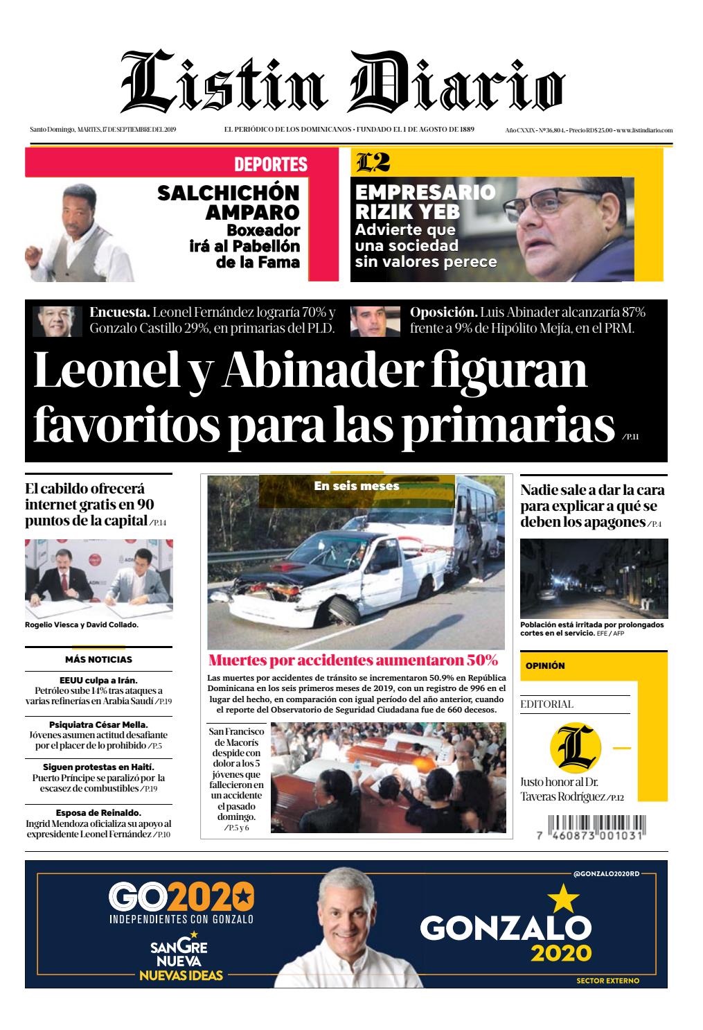 Portada Periódico Listín Diario, Martes 17 de Septiembre, 2019