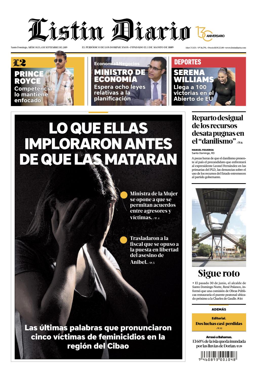 Portada Periódico Listín Diario, Miércoles 04 de Septiembre, 2019