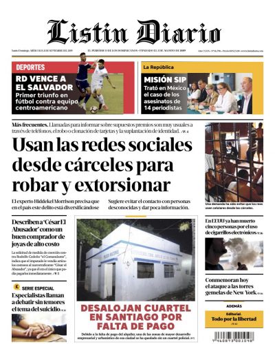 Portada Periódico Listín Diario, Miércoles 11 de Septiembre, 2019