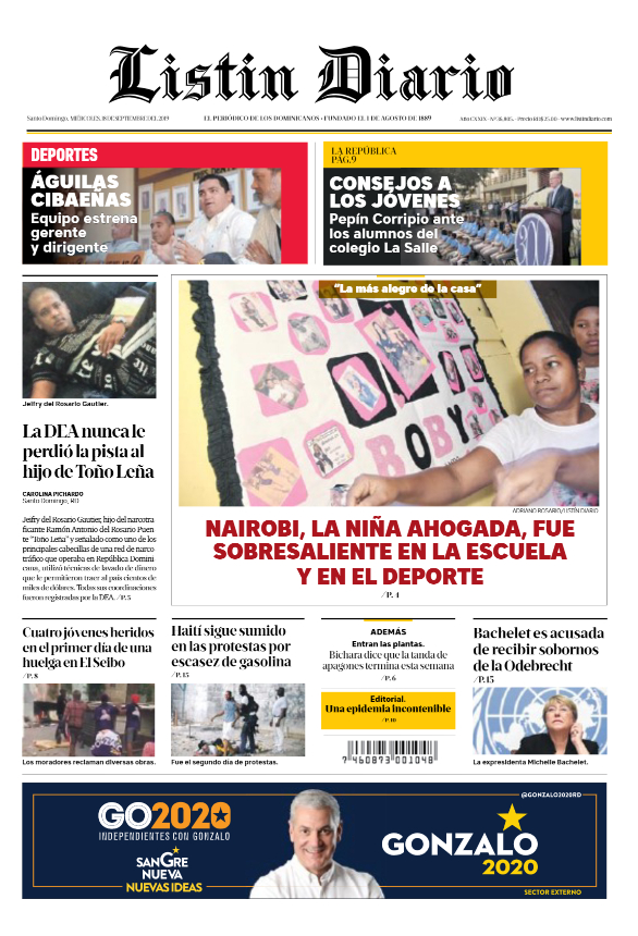 Portada Periódico Listín Diario, Miércoles 18 de Septiembre, 2019