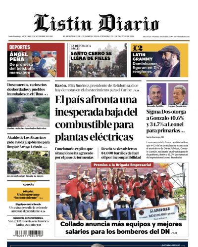 Portada Periódico Listín Diario, Miércoles 25 de Septiembre, 2019