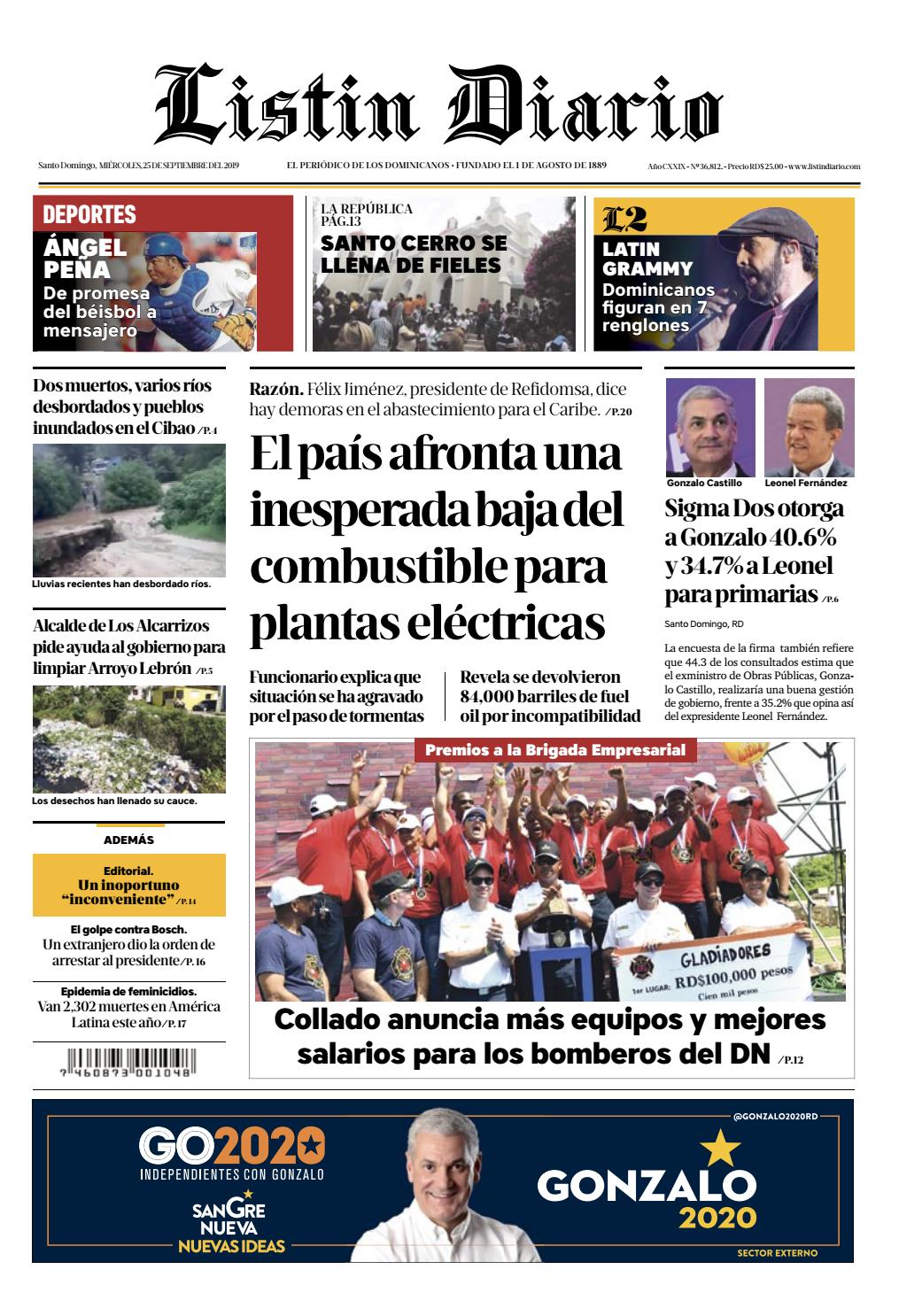 Portada Periódico Listín Diario, Miércoles 25 de Septiembre, 2019