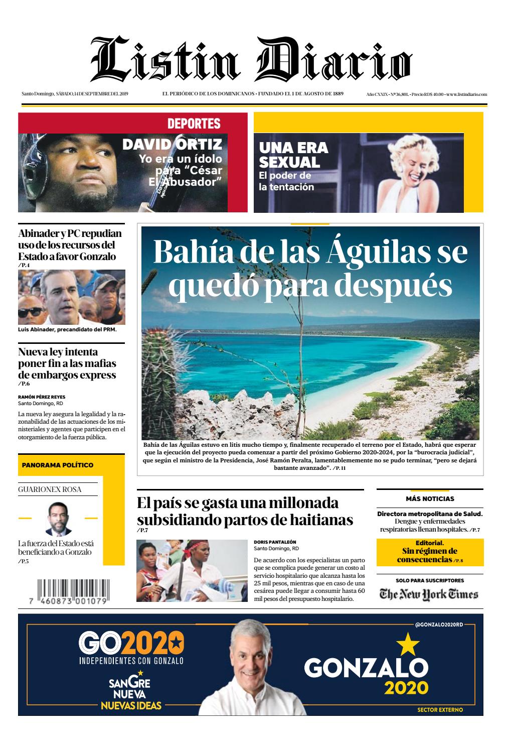 Portada Periódico Listín Diario, Sábado 14 de Septiembre, 2019