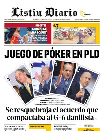 Portada Periódico Listín Diario, Sábado 30 de Agosto, 2019