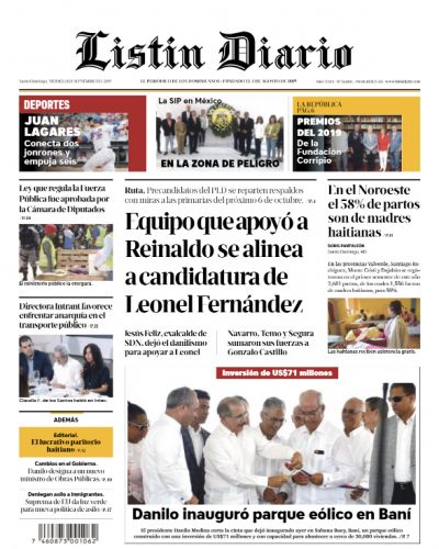 Portada Periódico Listín Diario, Viernes 13 de Septiembre, 2019