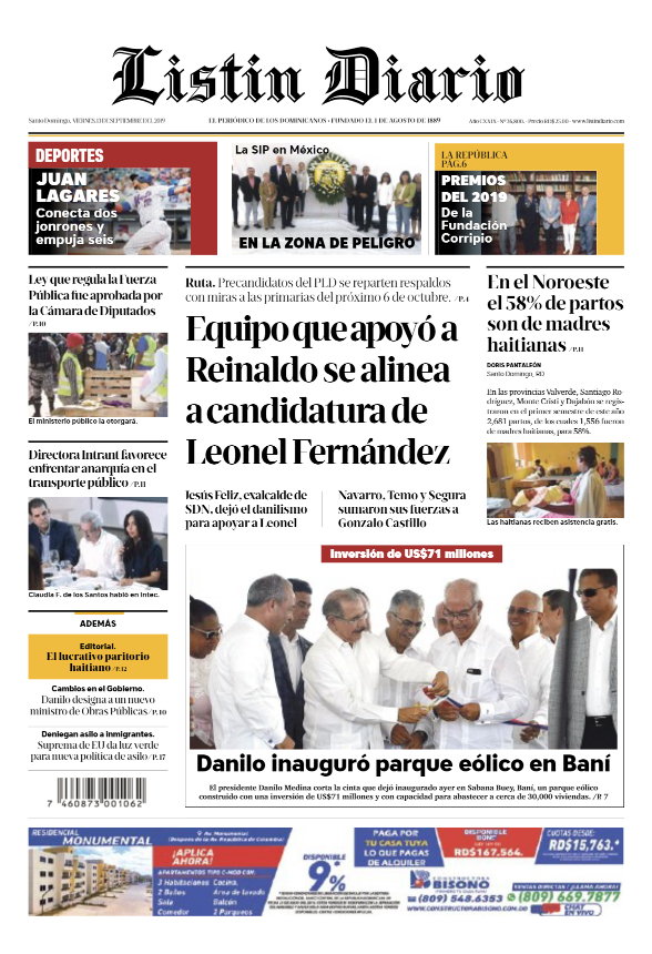Portada Periódico Listín Diario, Viernes 13 de Septiembre, 2019