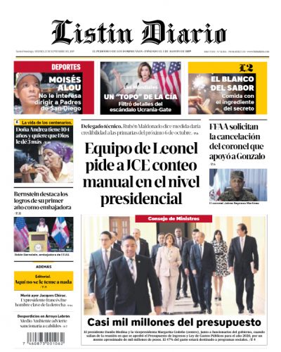 Portada Periódico Listín Diario, Viernes 27 de Septiembre, 2019