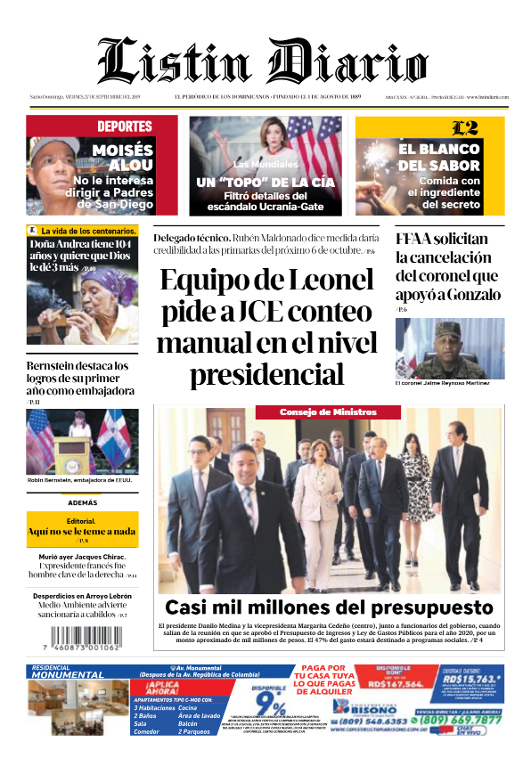 Portada Periódico Listín Diario, Viernes 27 de Septiembre, 2019