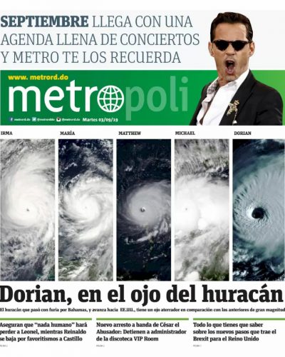 Portada Periódico Metro, Martes 03 de Septiembre, 2019