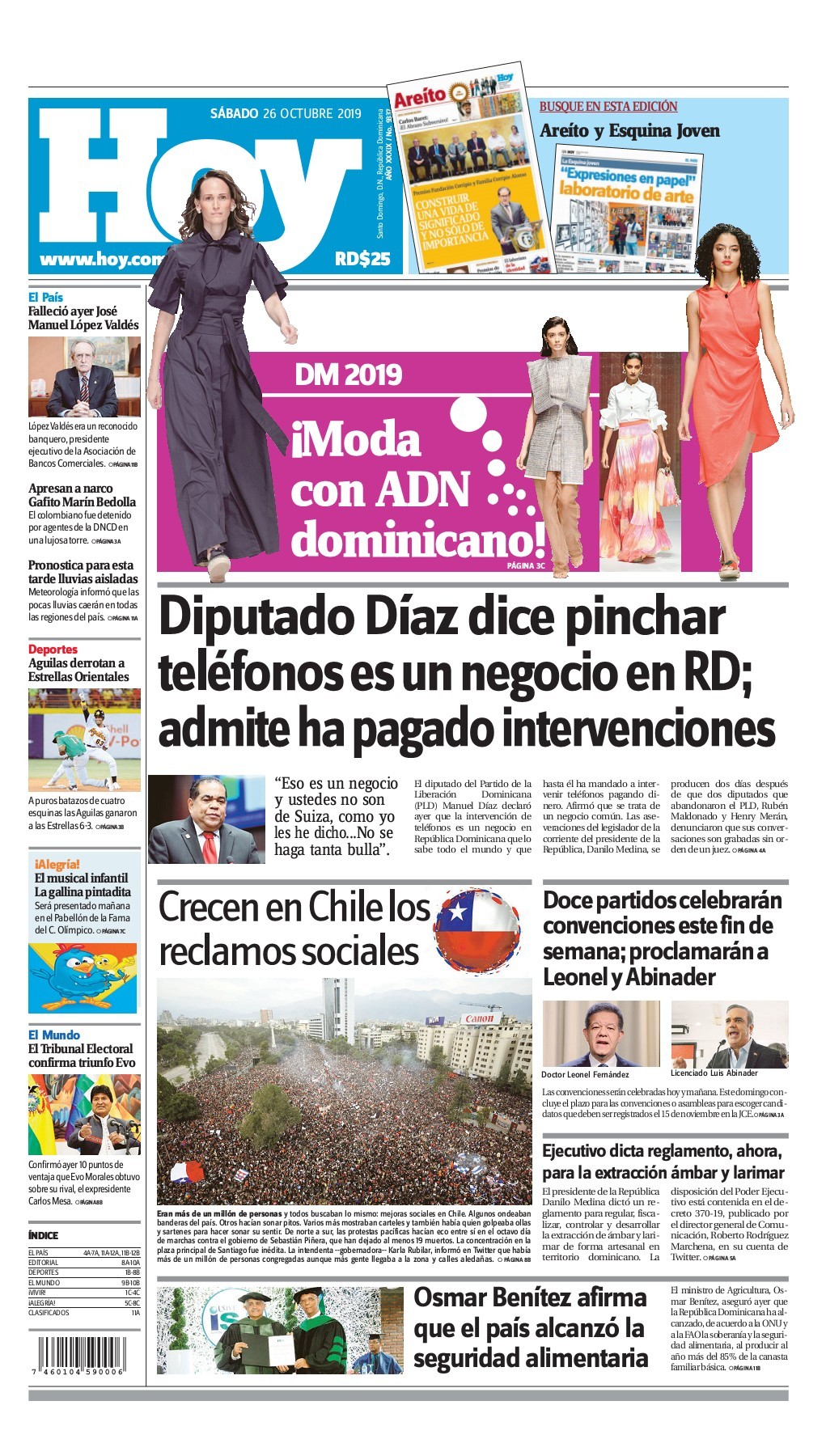 Portada Periódico Hoy, Sábado 26 de Octubre, 2019 - Dominicana.do