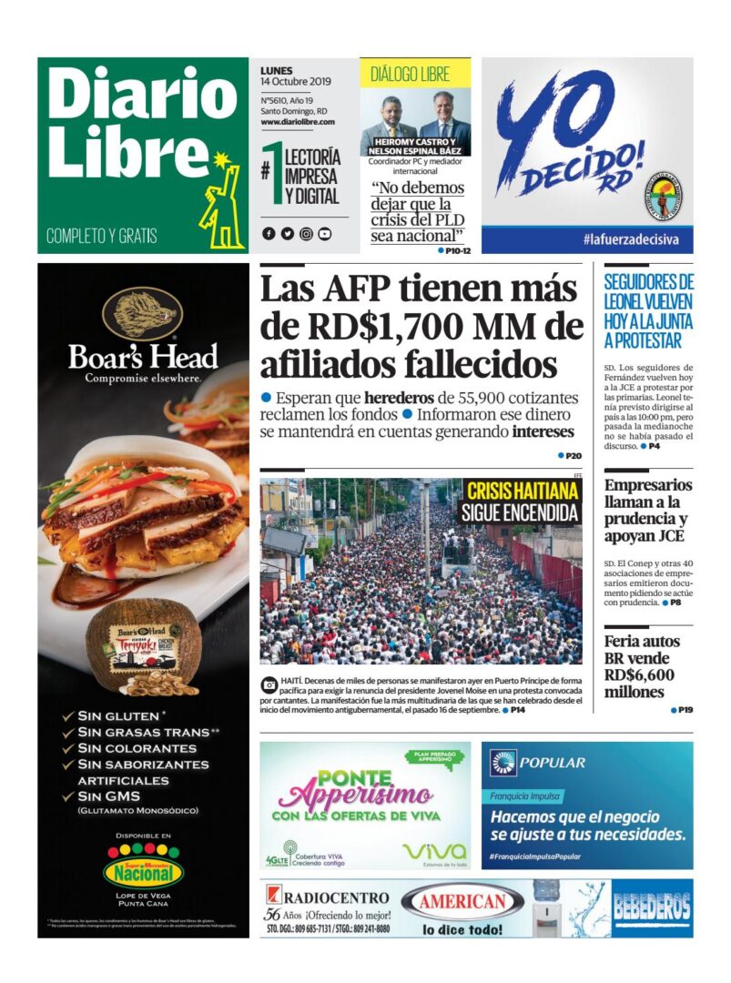 Portada Periódico Diario Libre, Domingo 13 de Octubre, 2019